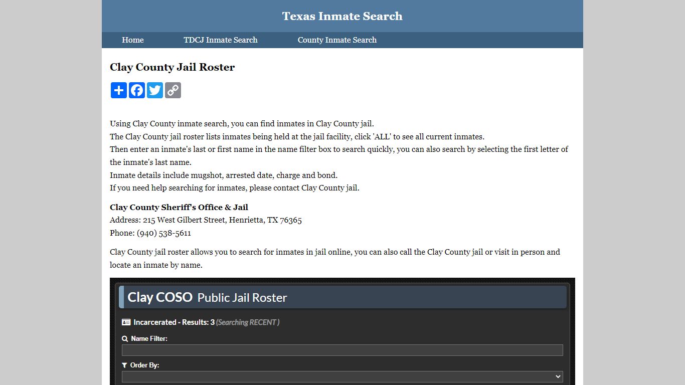 Clay County Jail Roster - Texas Inmate Search